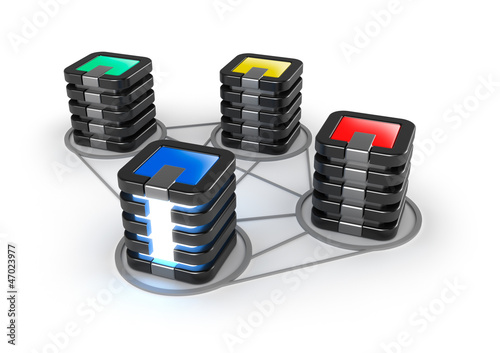 Illustration: Connected servers farm, 3D icon over white Connected servers farm, 3D icon over white