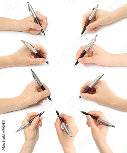 Photo: Collage of hands with pens on white background Collage of hands with pens on white background