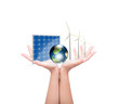 Woman hands hold Alternative Energy (solar cell, earth, wind tur