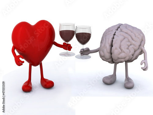 Illustration: heart and brain with glass of red wine heart and brain with glass of red wine