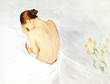 sad crying girl in beds, painting,  illustration