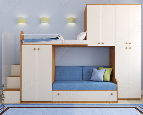 Illustration: Children's bedroom in blue Children's bedroom in blue