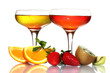 fruit jelly in glasses and fruits isolated on white