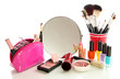 cosmetics near mirror isolated on white