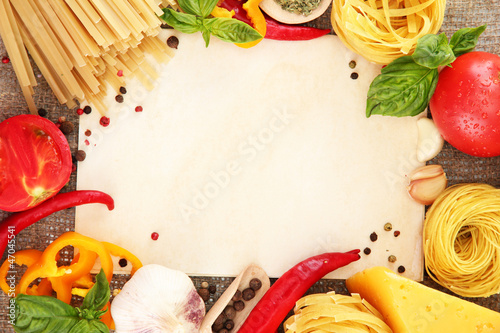 Photo: paper for recipes, spaghetti with vegetables and spices, paper for recipes, spaghetti with vegetables and spices,