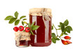 jars with hip roses jam and ripe berries, isolated on white