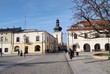 ancient market square and belfry of church in Krosno