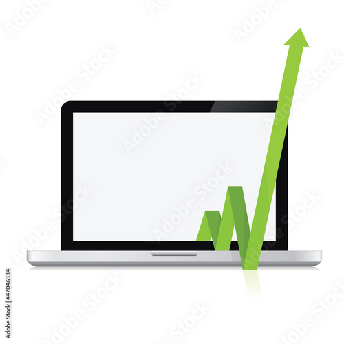 Vector: Laptop with green arrow pointing up from the blank screen Laptop with green arrow pointing up from the blank screen