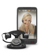 Retro telephone and cell phone with woman on screen