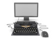 Retro typewriter, computer monitor and mouse