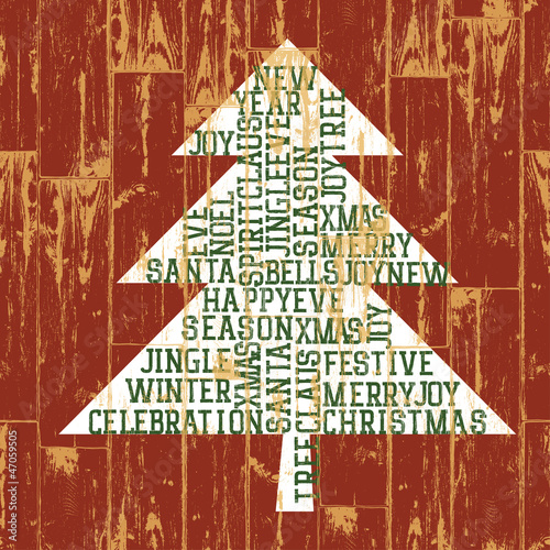 Vector: Christmas tree words composition. Vintage styled illustration, E Christmas tree words composition. Vintage styled illustration, E