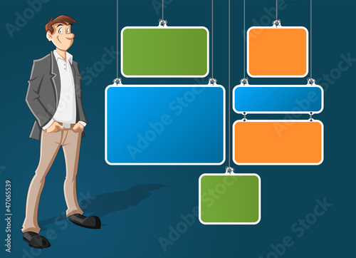 Vector: Colorful template for advertising brochure with cartoon man Colorful template for advertising brochure with cartoon man
