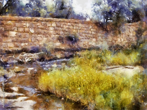 Illustration: Stone wall and river Stone wall and river