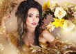 sensual woman in long yellow dress and flowers