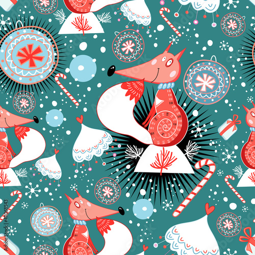 Vector: winter texture with foxes winter texture with foxes