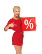 lovely woman in red dress with percent sign
