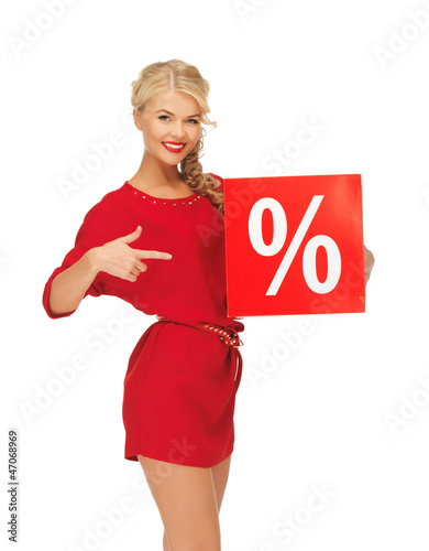 Photo: lovely woman in red dress with percent sign lovely woman in red dress with percent sign