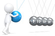 3D little human character pushing a Blue ball in pendulum