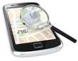 Smartphone with a GPS map with a 3D house and a Magnifying Glass