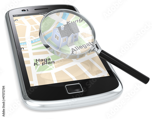 Photo: Smartphone with a GPS map with a 3D house and a Magnifying Glass Smartphone with a GPS map with a 3D house and a Magnifying Glass