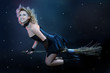blond witch flying on broom