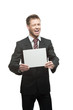 young winking businessman holding sign