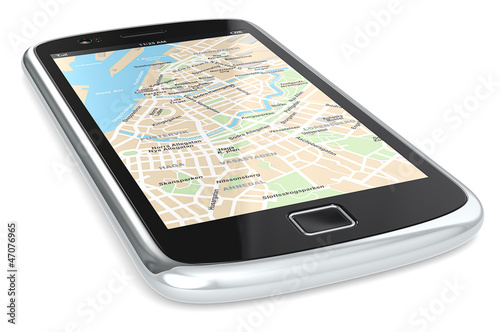 Illustration: GPS. Black Smartphone with a GPS map. City Centre. GPS. Black Smartphone with a GPS map. City Centre.
