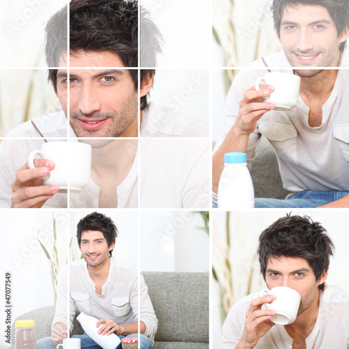 Photo: Man pouring milk into coffee Man pouring milk into coffee
