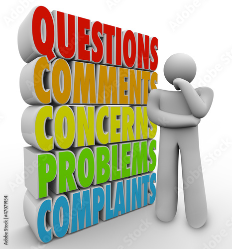 Illustration: Questions Comments Concerns Thinking Person Words Questions Comments Concerns Thinking Person Words