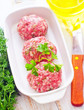 Raw meat balls in the white bowl