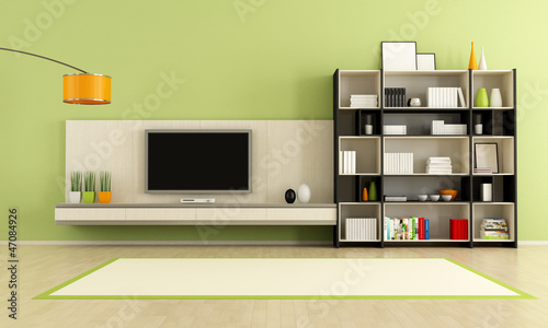 Illustration: green living room with tv stand and bookcase - rendering green living room with tv stand and bookcase - rendering