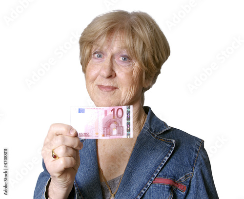 Photo: Seniorin zeigt 10 Euro Schein Seniorin zeigt 10 Euro Schein
