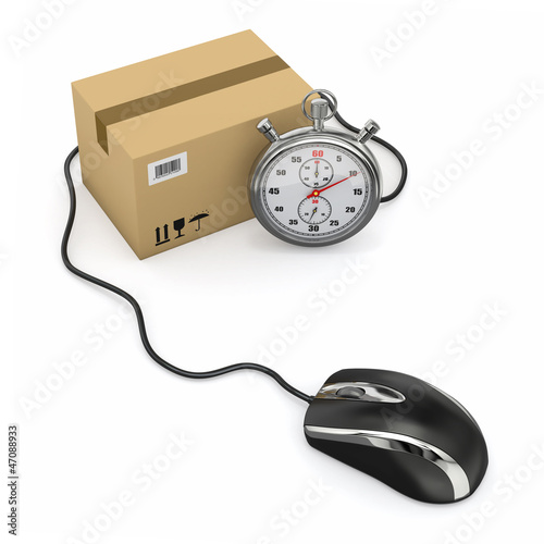 Illustration: Online express delivery. Mouse, stopwatch and package. Online express delivery. Mouse, stopwatch and package.