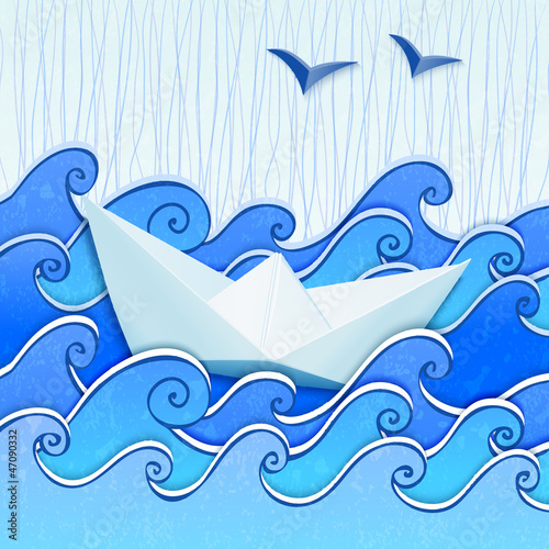Vector: Paper boat in the blue sketched paper sea with rain and seagulls Paper boat in the blue sketched paper sea with rain and seagulls