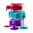 Bottles with spilled nail polish over white background