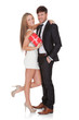 Girl in high shoes holds gift