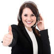 Photo: Junge Büro Frau mit Headset freundlich Daumen hoch Junge Büro Frau mit Headset freundlich Daumen hoch