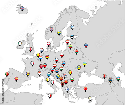 Vector: Pinned countries flags on map of Europe Pinned countries flags on map of Europe