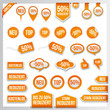 Vector orange price tags, labels, stickers, arrows and ribbons