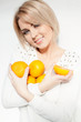 beautiful young and healthy women with yellow tangerines