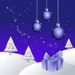 Geschenk und Christbaumkugeln im Wald