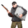 Dangerous gangster with gun and stolen money in suitcase.