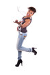 Beautiful  African American woman playing air guitar