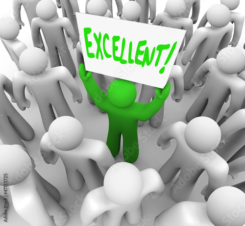 Illustration: Excellent Word on Sign Man Holding Review Feedback Banner Excellent Word on Sign Man Holding Review Feedback Banner