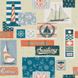 Nautical vector elements patchwork - seamless pattern