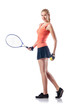 Woman playing tennis on white