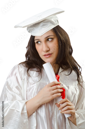 Photo: Happy student celebrating graduation on white Happy student celebrating graduation on white