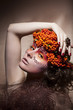 Rowan berry - autumn wreath. Retro style. Beauty woman face