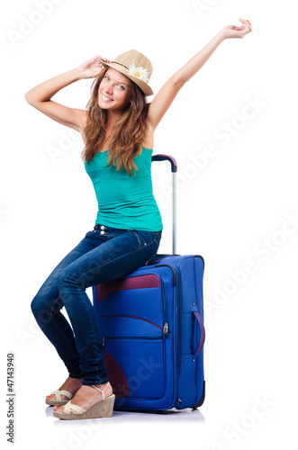 Photo: young girl with suitcase on white young girl with suitcase on white