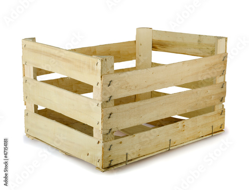 Photo: Empty wooden fruit crate isolated on white Empty wooden fruit crate isolated on white